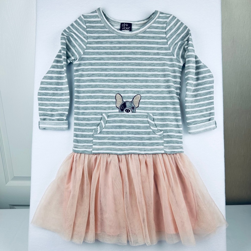Pink & Violet Girls Grey Striped Sequin Frenchie Dog Tulle Tutu Dress Size‎ 10